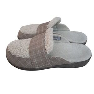 Vionic Gemma II Mule Slippers Shoes Women's 8 Cream Beige Plaid Faux Fur Comfort